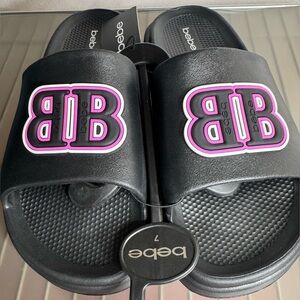 Bebe Black pool platform slip-on Slides with Pink Logo size 7